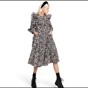 Sandy Liang Target Leopard Print Long Sleeve Midi Dress Ruffle Size Small NWT